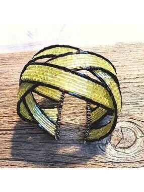 Vintage Y2K 90s Yellow-Green Black Striped Pretzel Memory Wire Cuff Bracelet